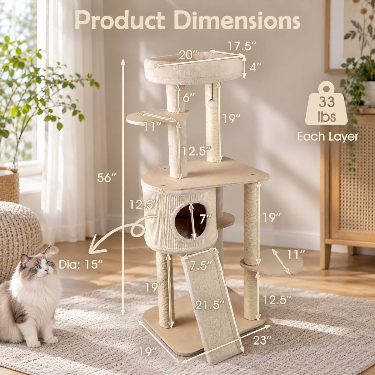 Airfind 56 Inch Tall Cat Tree with 2 Sisal Scratching Posts and Ladder, 33 lbs Capacity, 23 Inch x 19 Inch x 56 Inch Condo Footprint, Natural