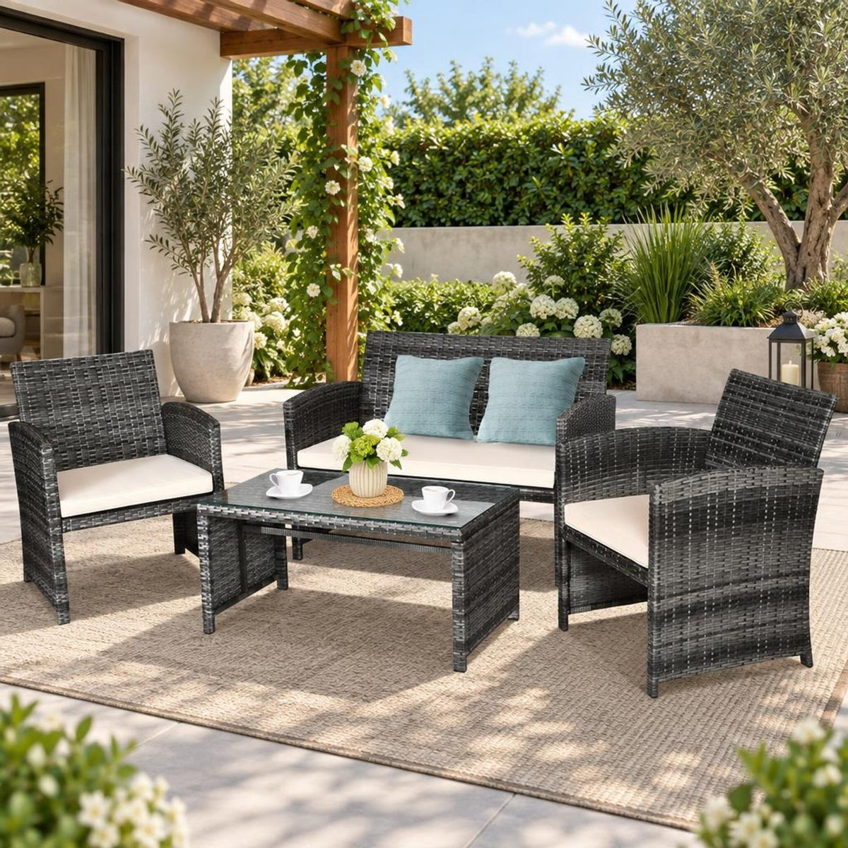Airfind 4 Pcs Patio Rattan Furniture Set Top Sofa With Glass Table, PE Rattan Polyester Fiber Steel Sponge Single Sofa Frame, White