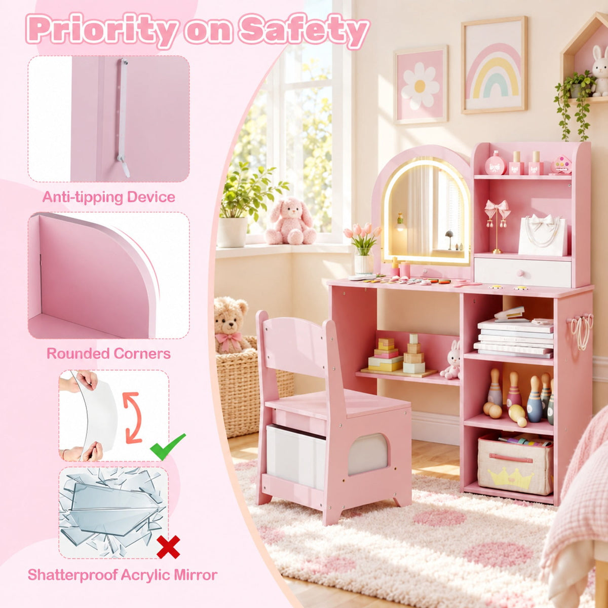 Airfind Kids Vanity Set Princess Girls Makeup Vanity Desk with Chair and 3-Color LED Lighted Mirror, 45 lbs Capacity, MDF Frame, Pink