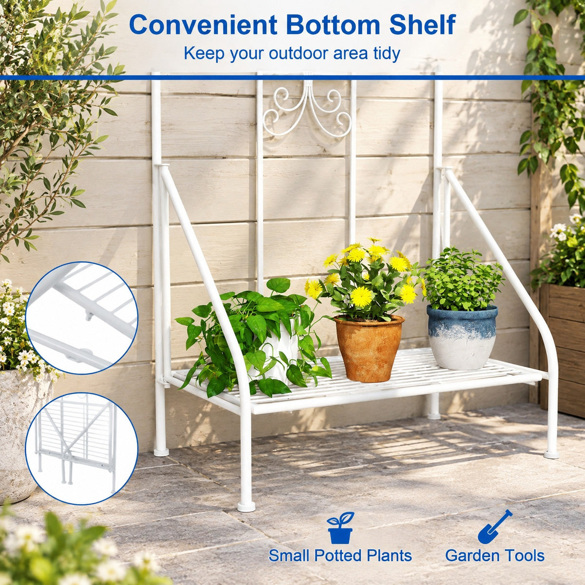Airfind 75 x 20 Inch Outdoor Metal Garden Trellis with Foldable Bottom Shelf, 33 lbs Capacity, Metal Frame, 20 x 12 x 75 Footprint, White