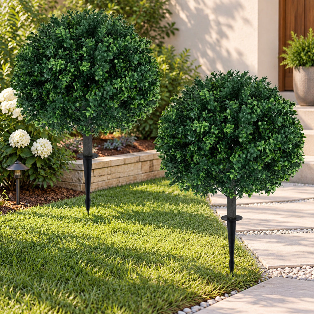 Airfind 27 Inch Artificial Boxwood Topiary Trees Set of 2 with Ground Spikes for Porch Patio, 14 Inch x 27 Inch Length of Ground Spike 8 Inch Total Footprint
