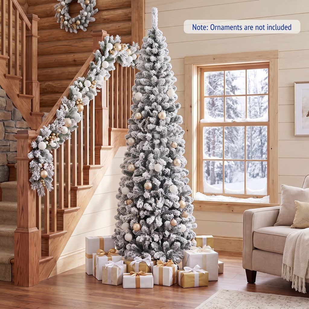 Airfind 7.5 Feet Unlit Hinged Snow Flocked Artificial Pencil Christmas Tree with 641 Tips, PVC Metal Tree Height 7.5 ft Tree Width 2.2 ft Frame