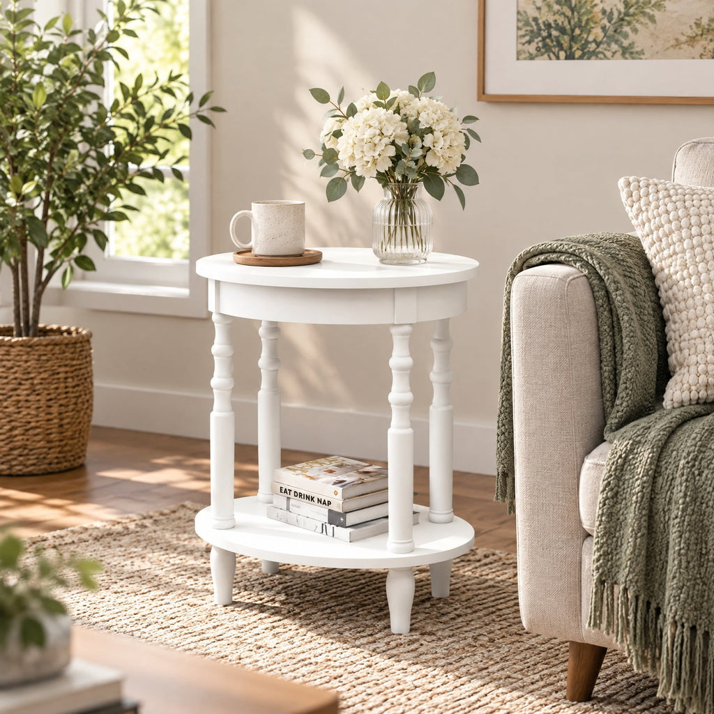 Airfind 2-Tier Oval Side Table with Storage Shelf and Solid Wood Legs, 245 lbs Capacity, MDF Rubber Wood Frame, White
