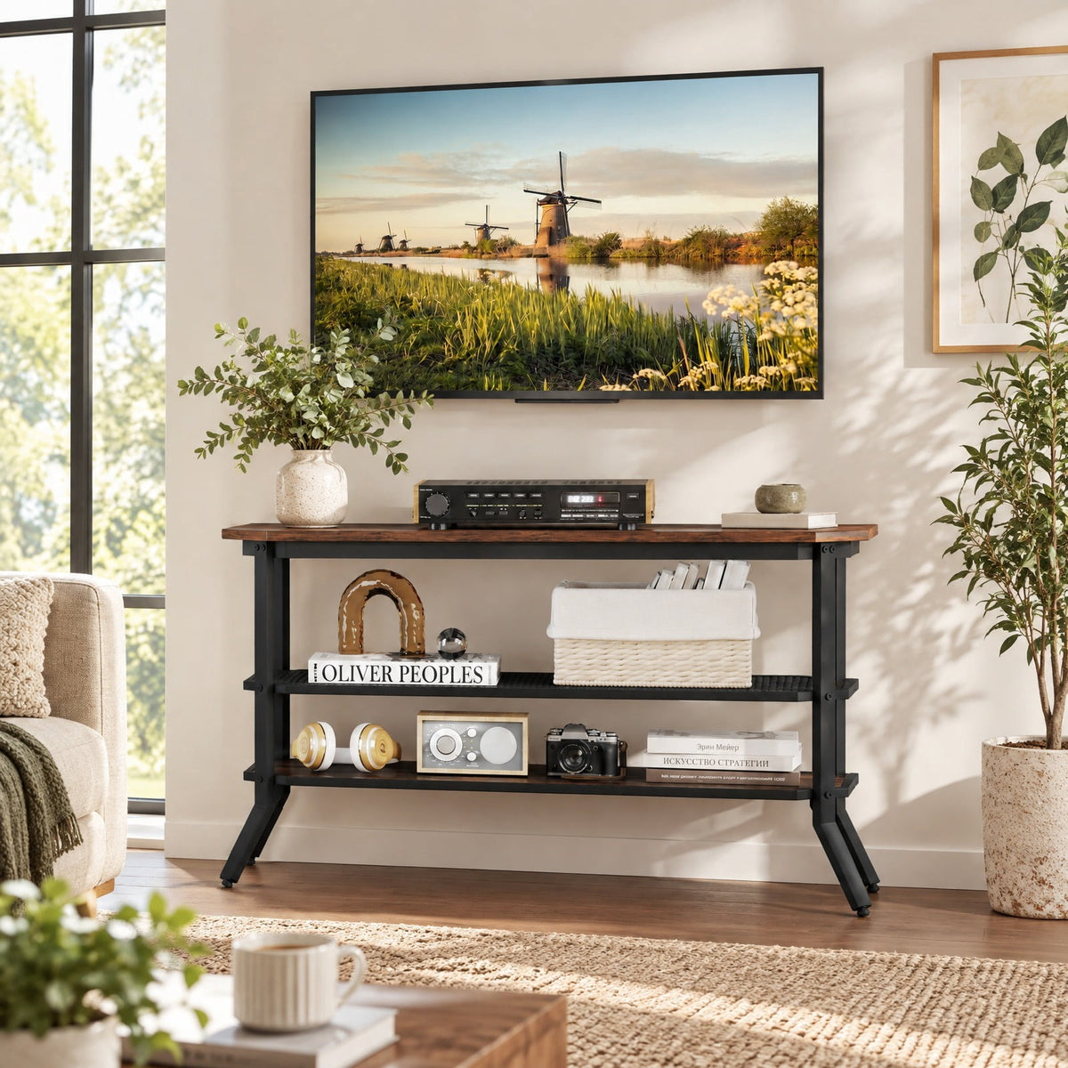 Airfind 3-tier Console Table TV Stand with Mesh Storage Shelf, 200 lbs Capacity, Engineered Wood Metal Frame, Brown