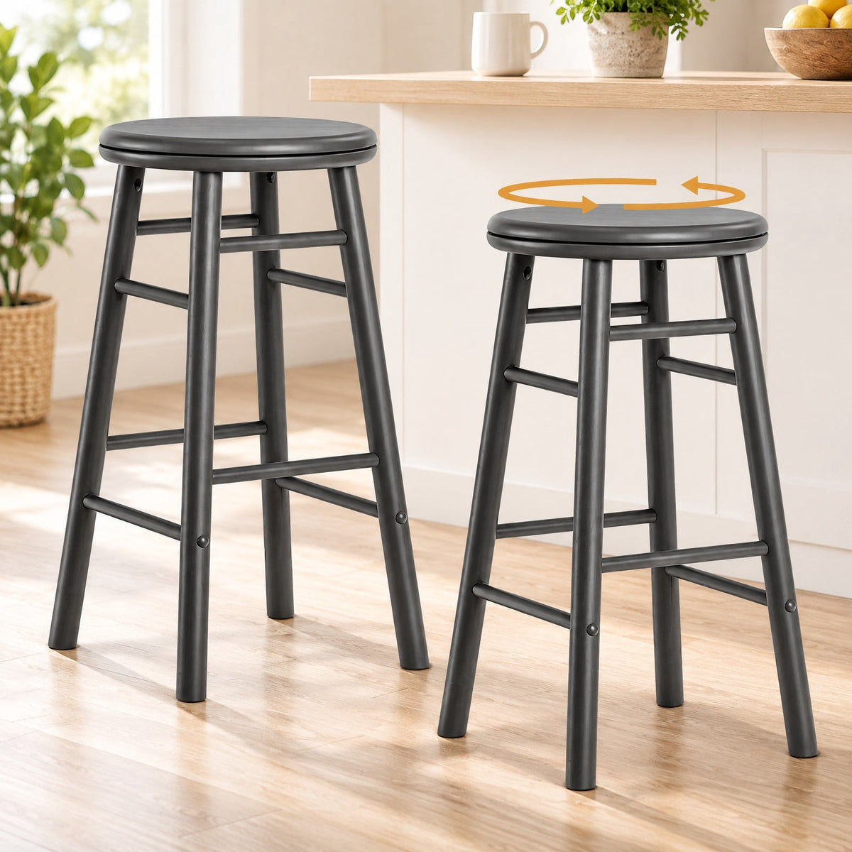 Airfind 24 Inch Swivel Bar Stools Set of 2 with Footrests and Crossbars, 330 lbs Capacity, Rubber Wood Frame, 13 Inch x 13 Inch x 24 Inch Footprint, Gray