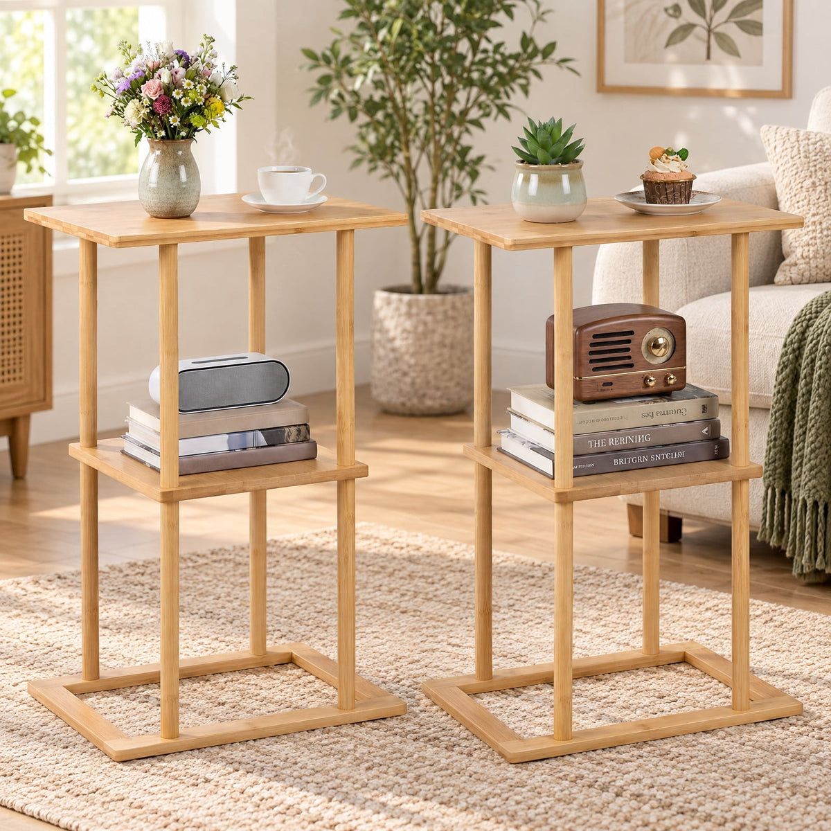 Airfind 2 Pieces Side Table with Storage Shelves and Bamboo Construction, 22 lbs Capacity, Bamboo Frame, 15.7 x 11 x 25.6 Footprint, Natural