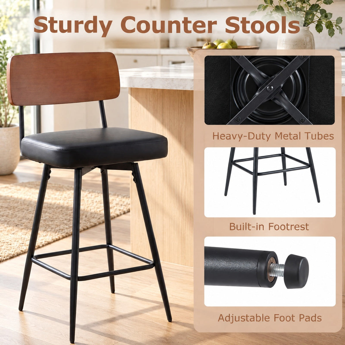 Airfind 27 Inch Padded Counter, Barstools Set of 2 with Metal Legs, 330 lbs Capacity, Metal Plywood PU Leather Sponge Frame, Black
