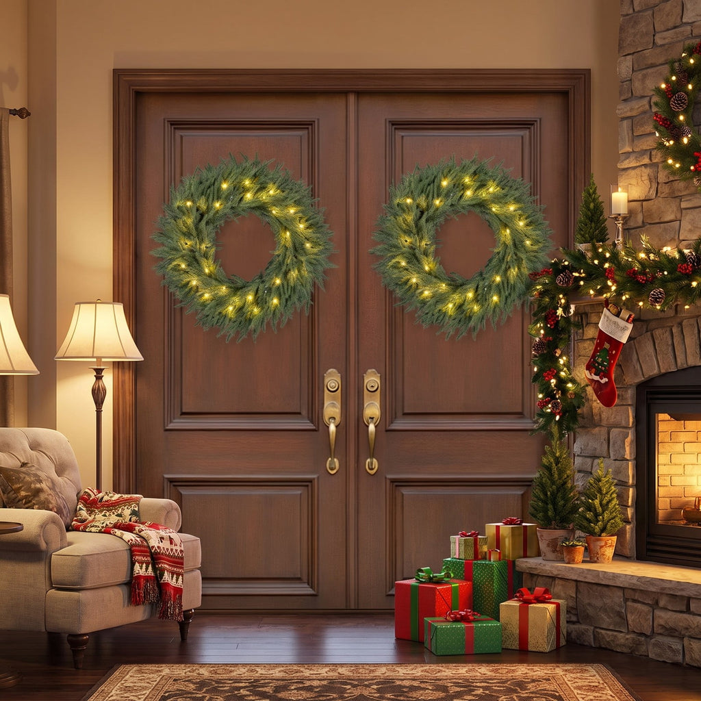 Airfind 24 Inch Pre-lit Christmas Wreath with 108 Branch Tips and 35 Warm White LED Lights for Wall Window-1 piece, TPE Metal Frame, White