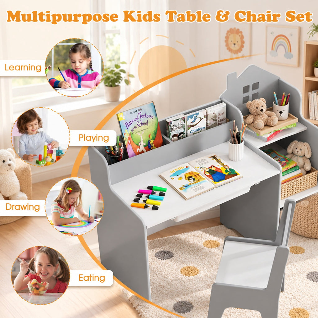 Airfind Kids Study Desk and Chair Set with Open Shelves Drawer and Fabric Storage Bin, 44 lbs Capacity, MDF Non-woven Fabric Desk Frame, Gray
