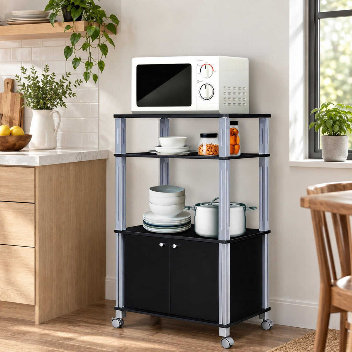 Airfind Microwave Rack Stand Rolling Storage Cart, P2 MDF Frame, 23.5 x 15.5 x 38.5 Footprint, Black