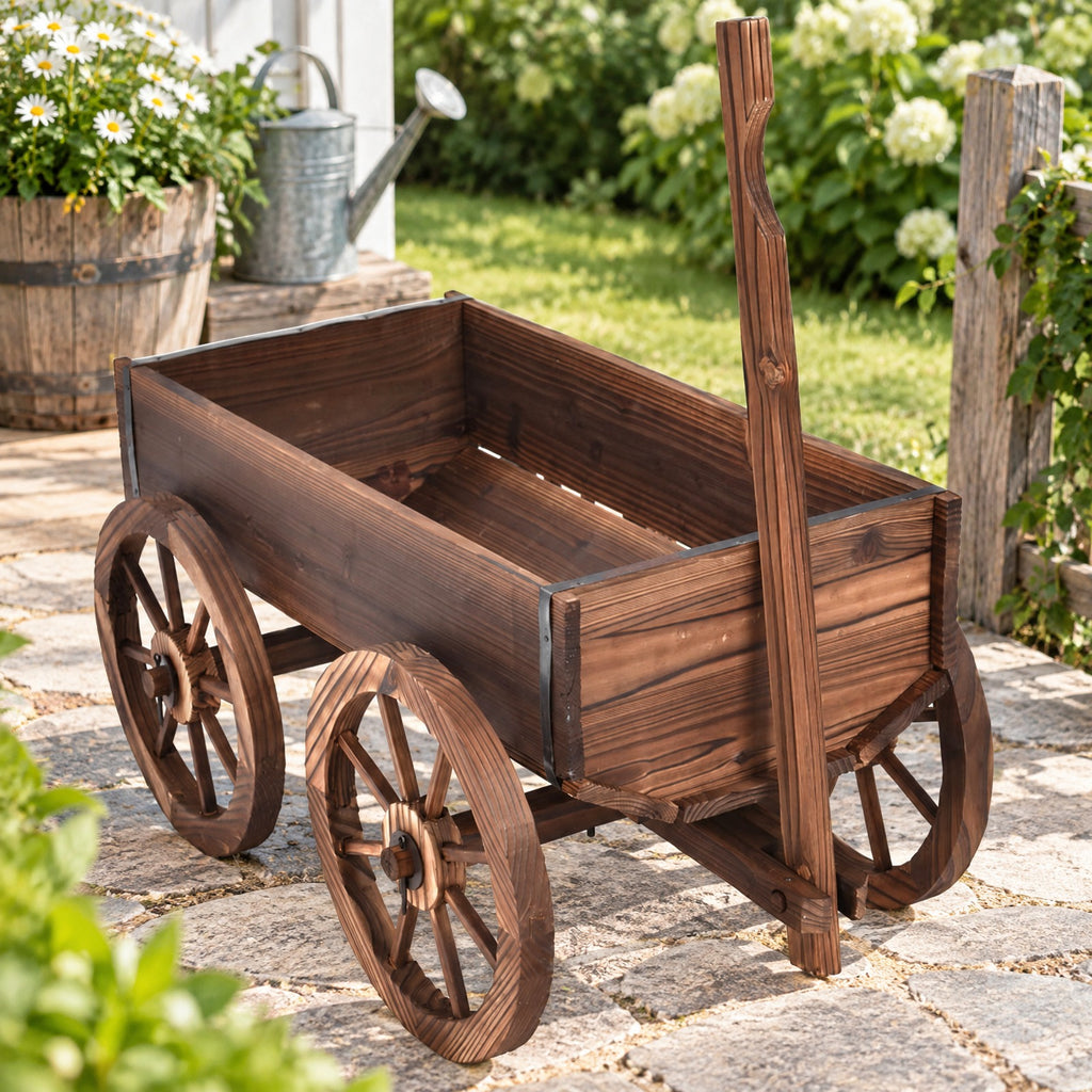 Airfind Wood Wagon Planter Pot Stand with Wheels, Fir wood Frame, 47.2 Inch x 17.0 Inch x 21.0 Inch Footprint, Wood