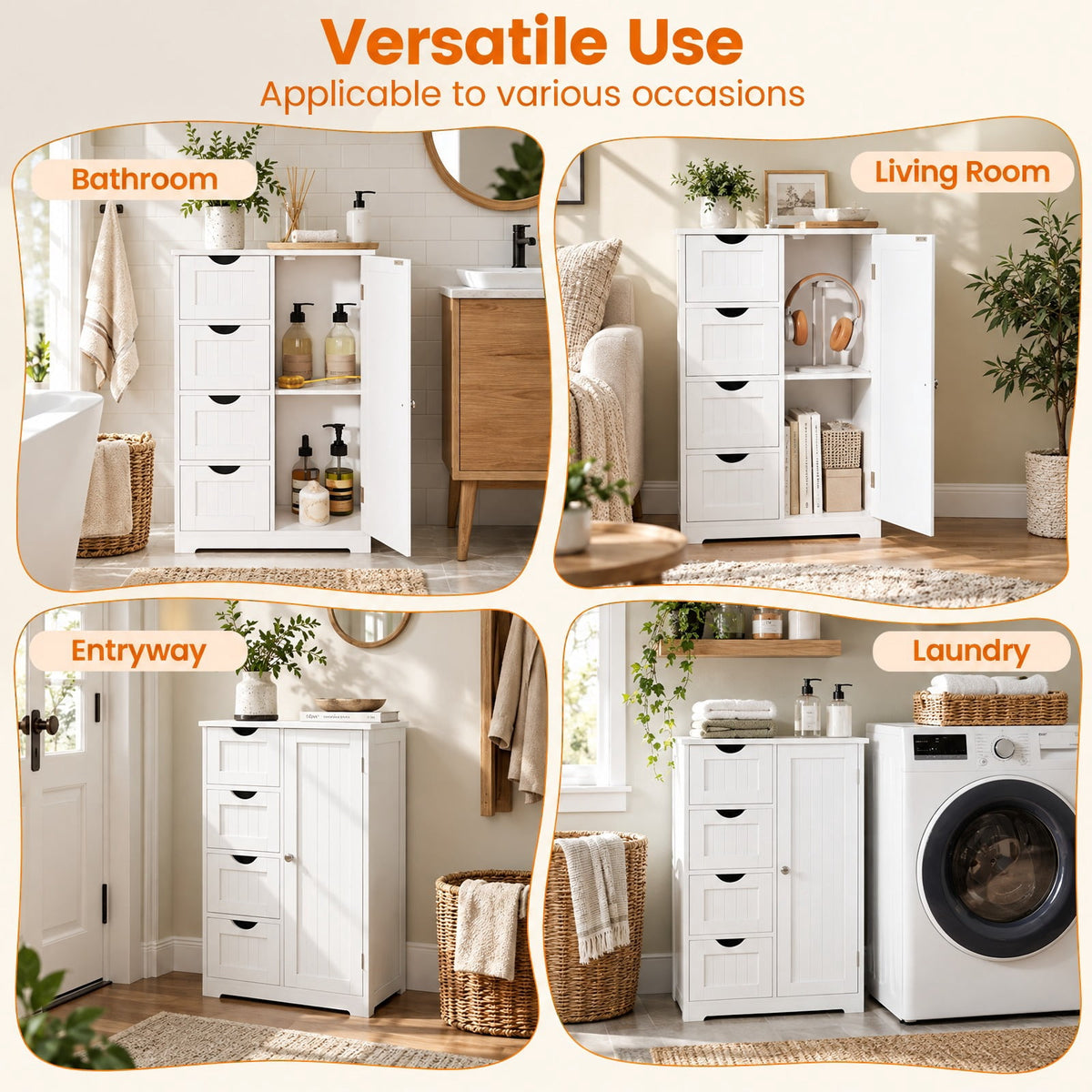 Airfind Standing Indoor Wooden Cabinet with 4 Drawers, 143 lbs Capacity, MDF Engineered Wood Frame, 21.5 Inch x 12 Inch x 32.5 Inch Footprint, White