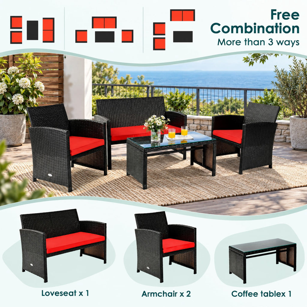Airfind 4 Pieces Patio Rattan Cushioned Furniture Set, Rattan Frame, 43.5 x 25 x 31 Footprint, Red