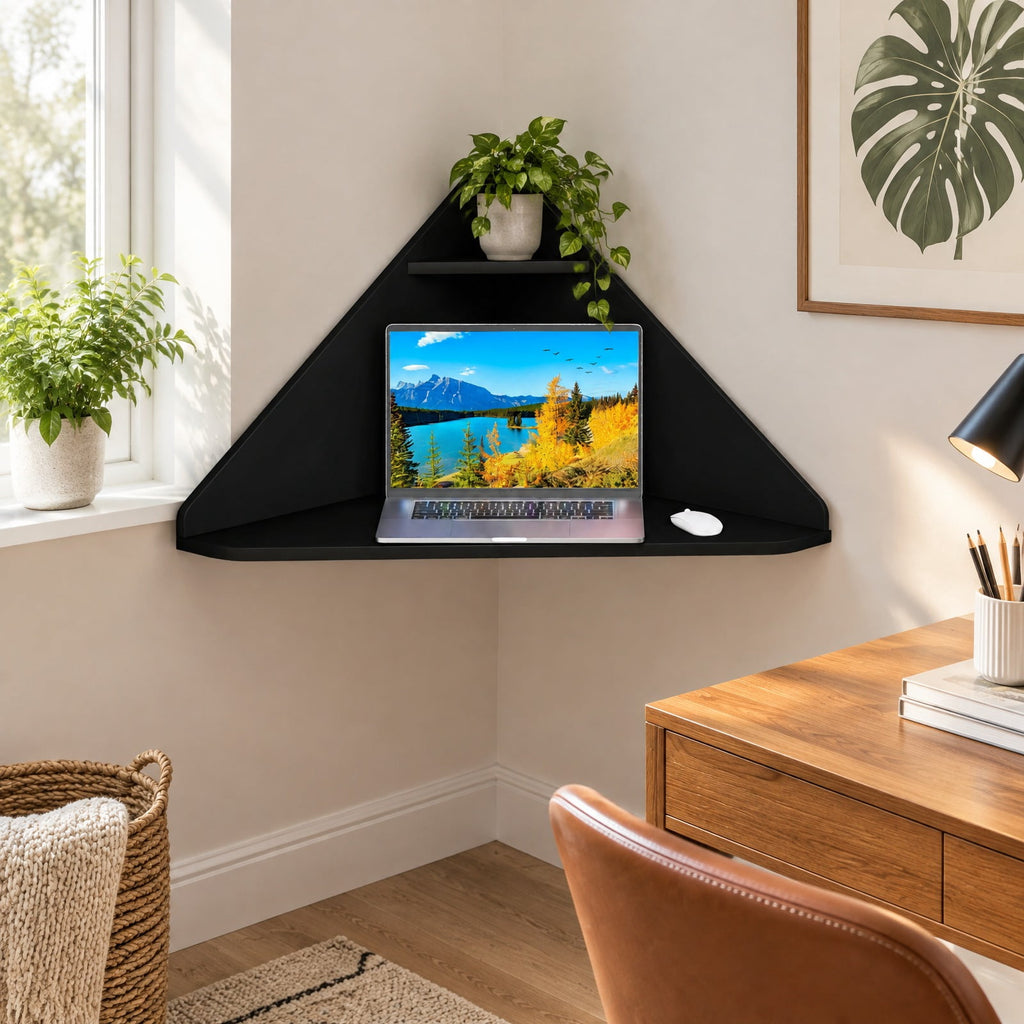Airfind Floating Triangular Corner Computer Desk with Storage Shelf, Engineered Wood Frame, Black, Overall Dimensions 36.5 Inch x 31 Inch x 18 Inch Sid