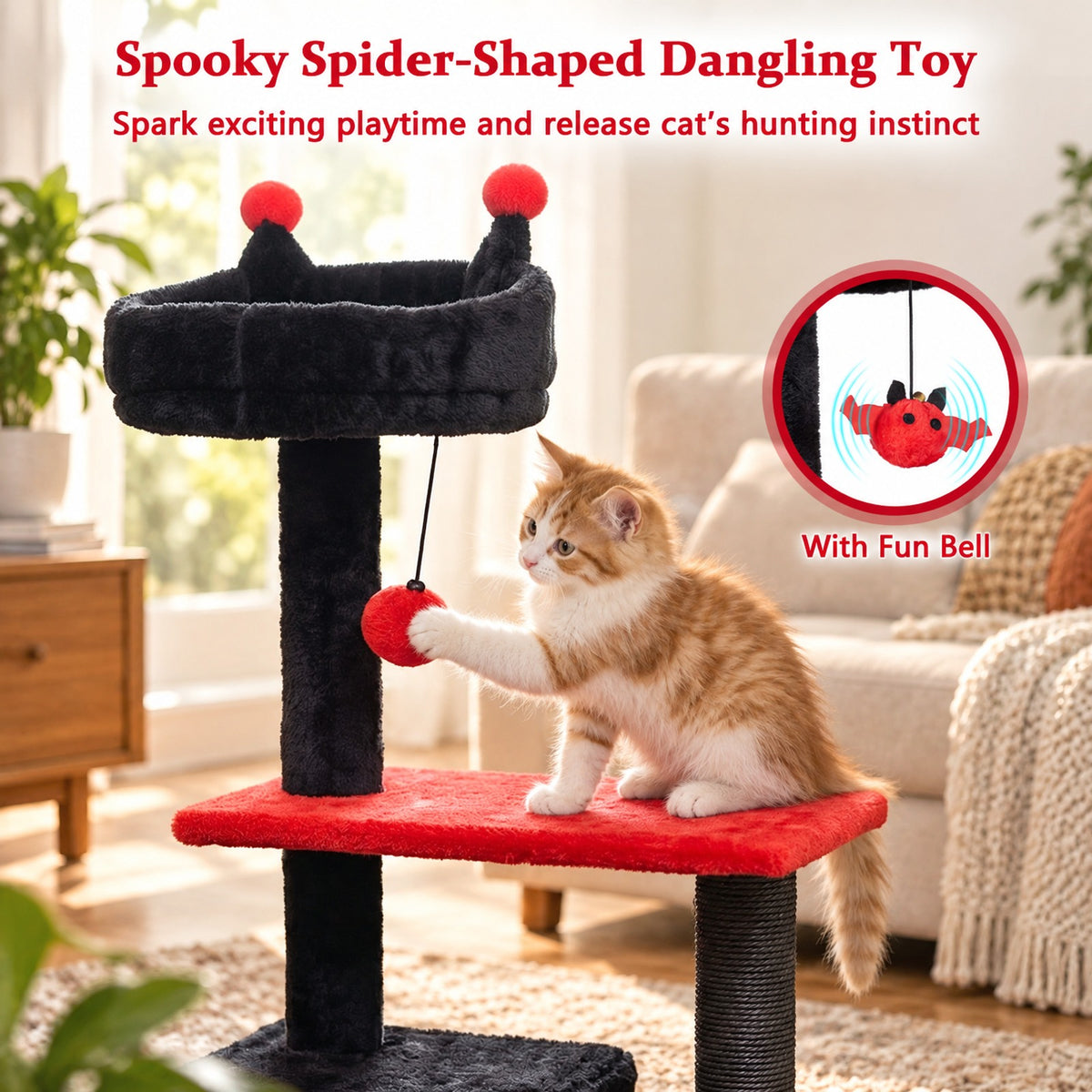 Airfind 57 Inch Spooky Cat Tower with Padded Perch and Spider-shaped Hanging Toy, 22 Lbs Capacity, Ghost-shaped Platform Adds a Playful Touch, Red