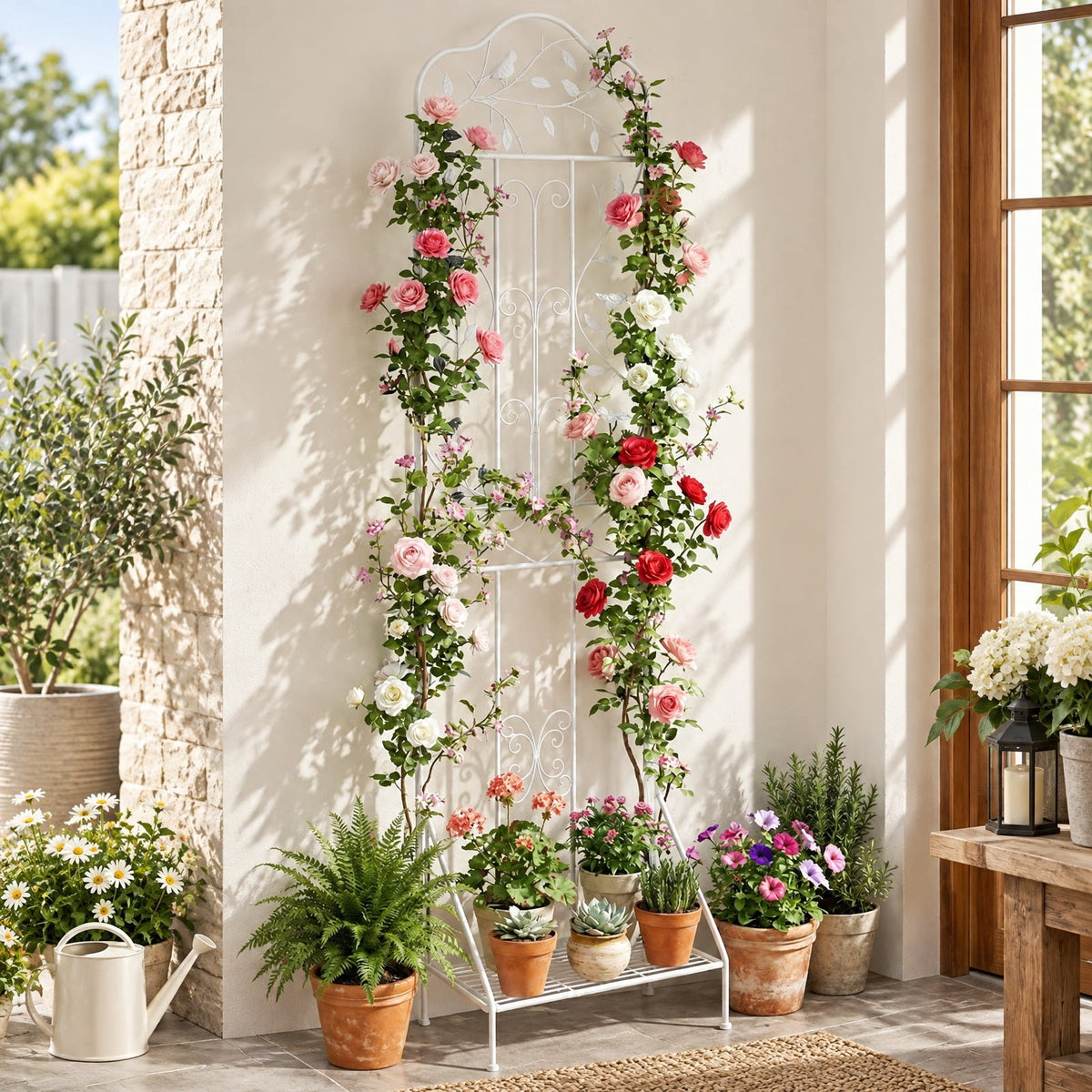 Airfind 75 x 20 Inch Outdoor Metal Garden Trellis with Foldable Bottom Shelf, 33 lbs Capacity, Metal Frame, 20 x 12 x 75 Footprint, White