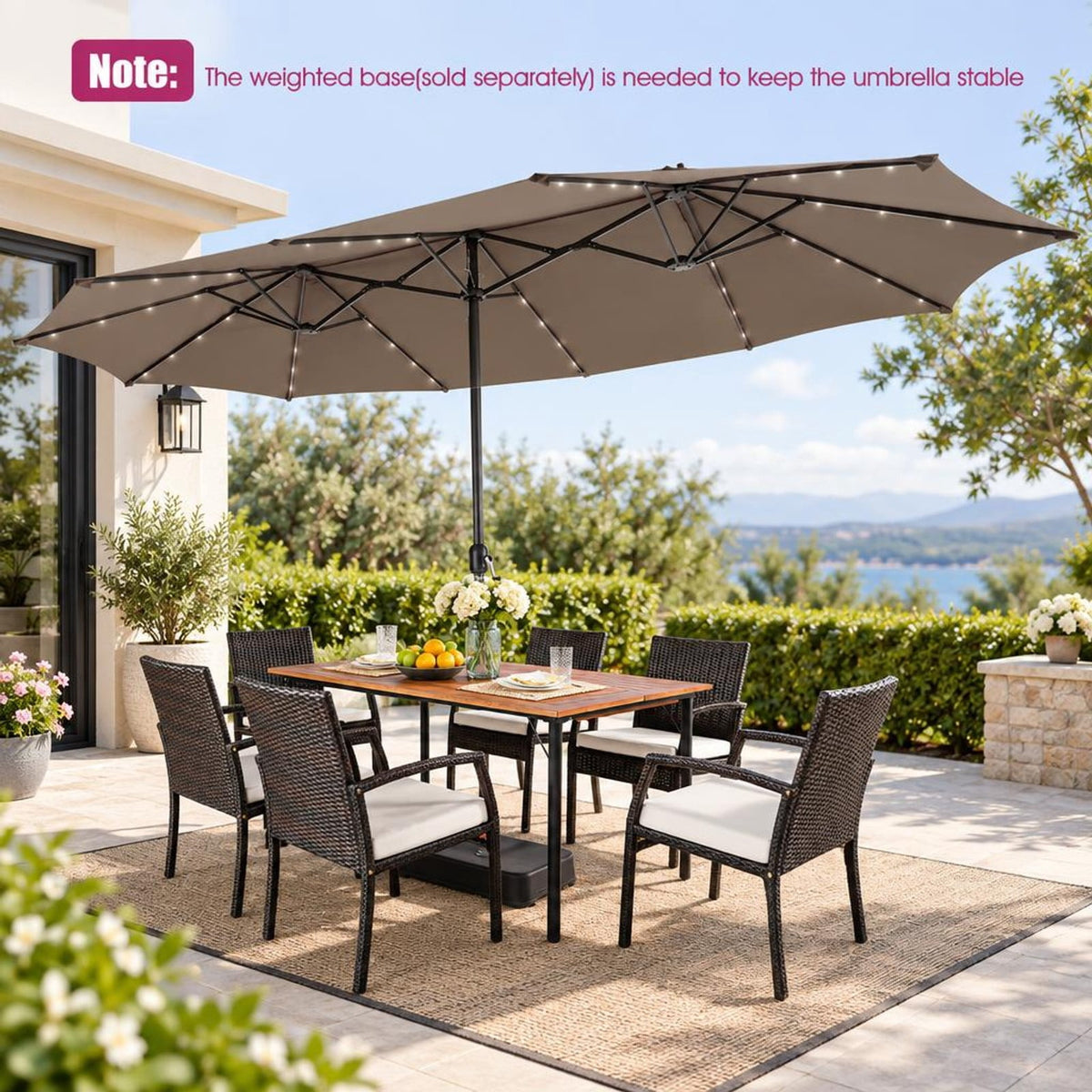 Airfind 15 Feet Twin Patio Umbrella with 48 Solar LED Lights, Steel polyester fabric Frame, 15.4 x 9.2 x 8 (L x W x H) Pole Footprint, Brown