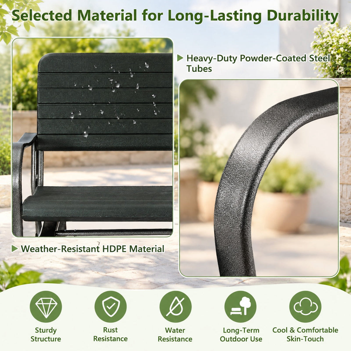 Airfind 2-Seat Porch Glider with HDPE Back Seat and Steel Frame, 600 lbs Capacity, Steel and HDPE Frame, 46 x 29 x 34 Footprint, Black