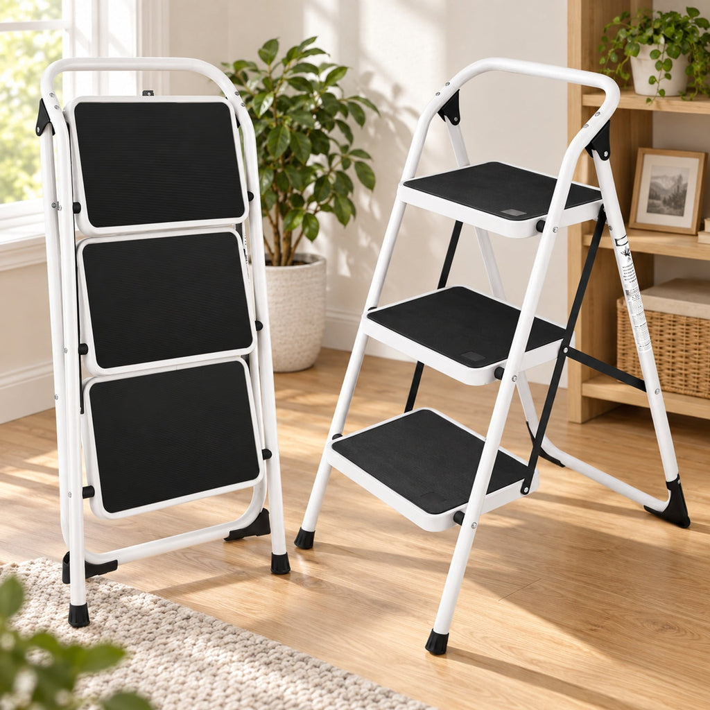 Airfind Folding 3-Step Ladder with Handgrip and Anti, 330 lbs Capacity, Iron Frame, 19.5 Inch x 26 Inch x 36.5 Inch Footprint, Black white