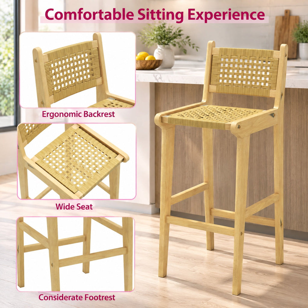 Airfind Patio Teak Wood Bar Stool with Rattan Backrest and Seat, Bar Stool 350 lbs Capacity, Teak Wood PE Rattan Frame, 16 x 19.5 x 40 Footprint