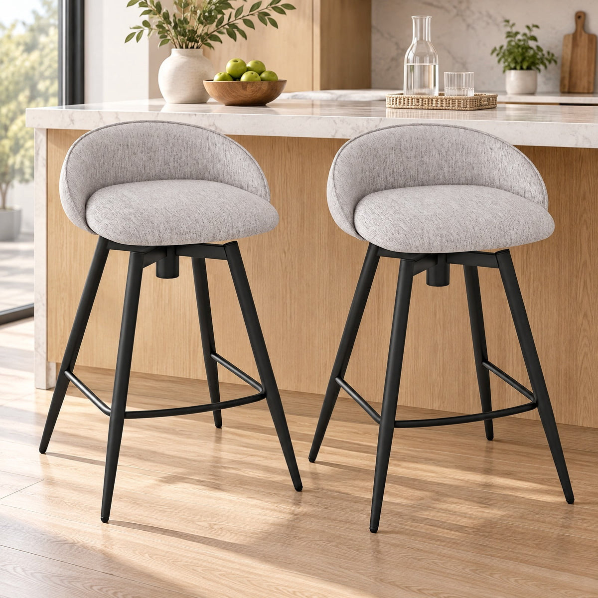 Airfind Upholstered Bar Stools Set of 2 with Footrest and Backrest, 330 lbs Capacity, Metal Linen Fabric Sponge Frame, Gray