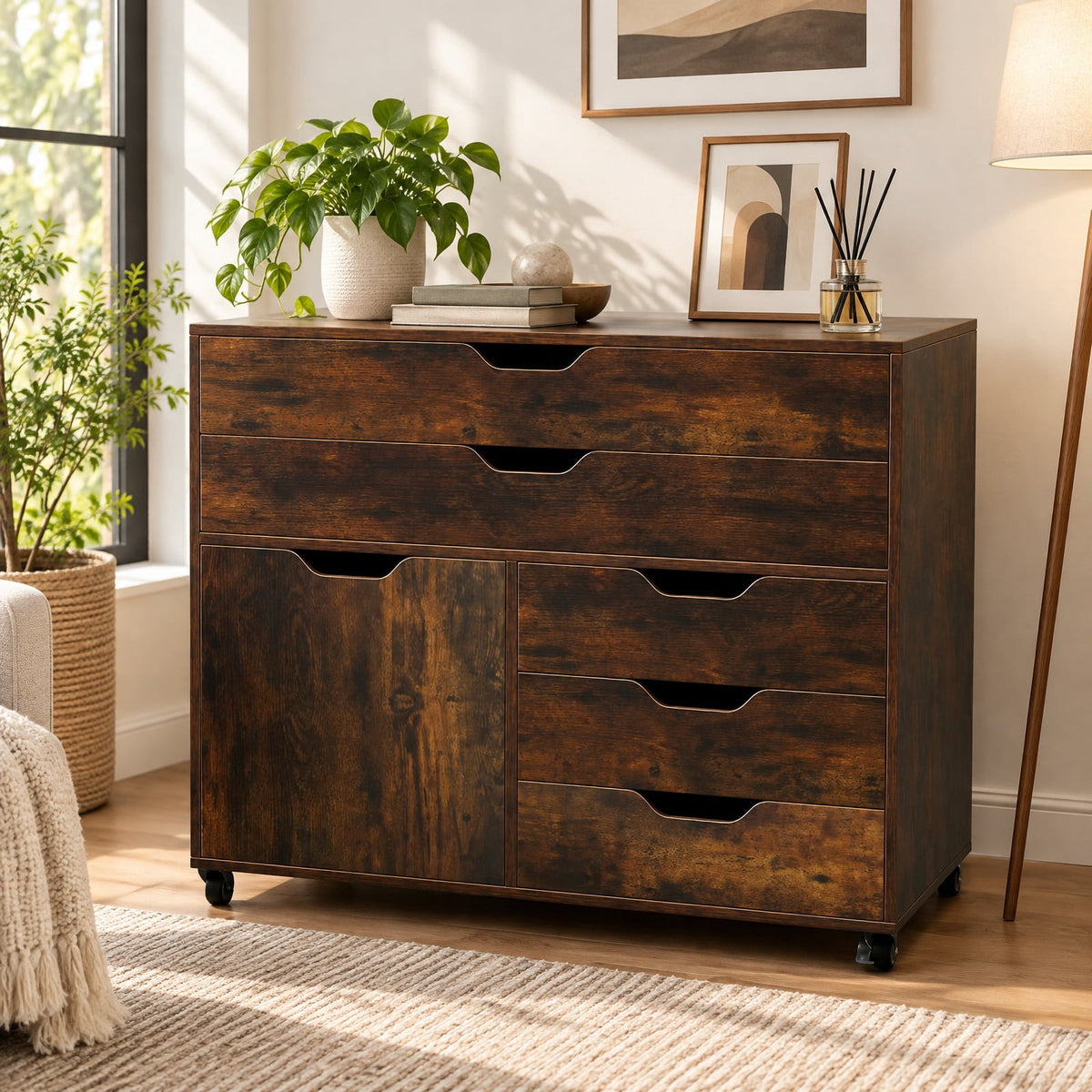 Airfind Modern Vertical 5-Drawer Mobile Chest with Door 5 Casters, 220 lbs Capacity, Engineered Wood MDF Metal Frame, 30.5in x 16in x 25in Footprint