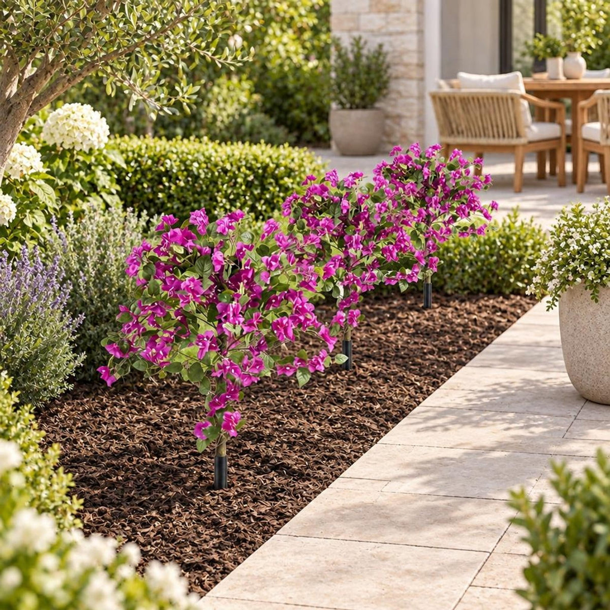 Airfind 2 Pack Artificial Bougainvillea Trees with Ground Spike and PE Trunks for Porch, Pink + Green