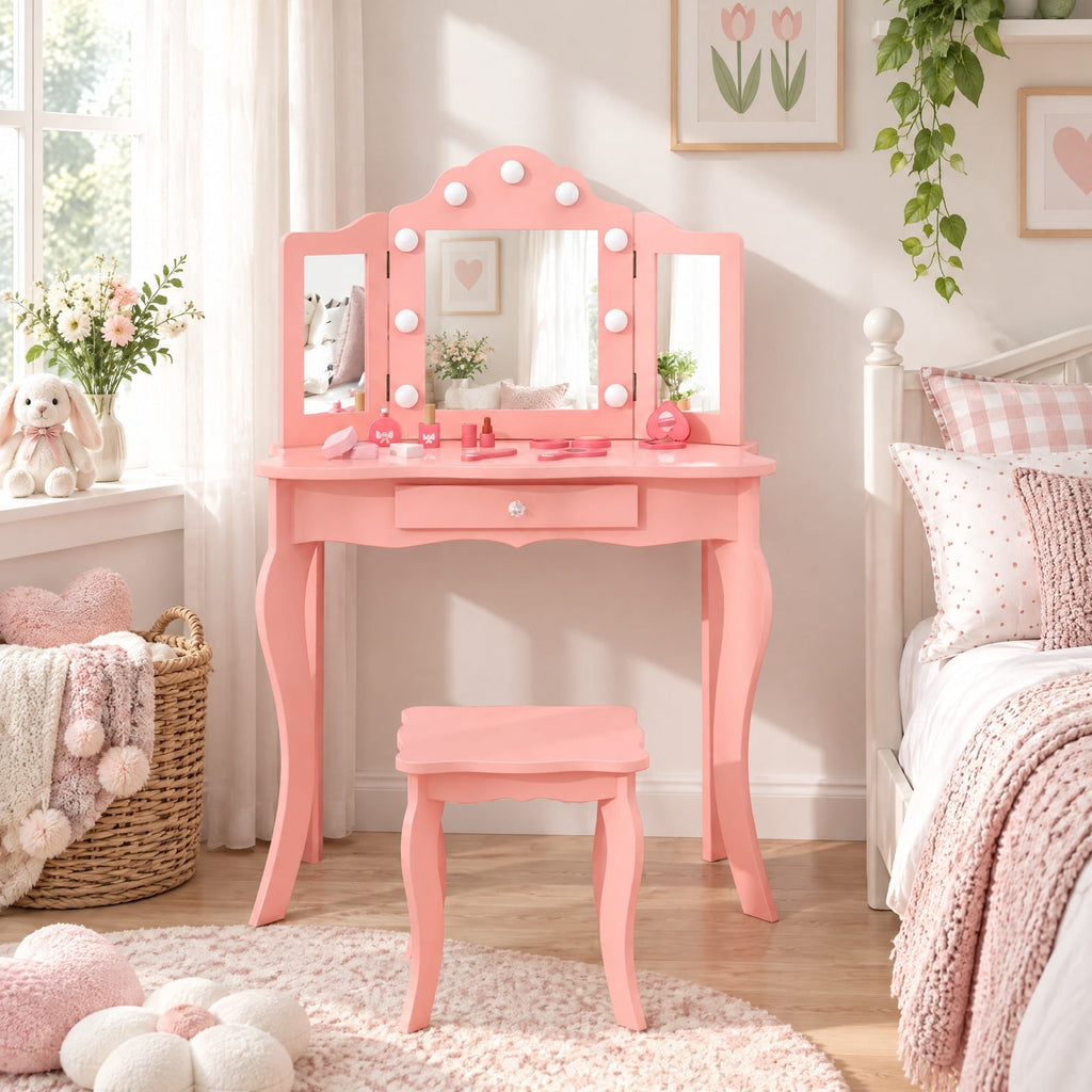 Airfind Kid Vanity Table Stool Set with Tri-Folding Mirror and 3-Color LED Lights, 66 lbs Capacity, P2 MDF Glass Frame, for 3+ Years Old, Pink
