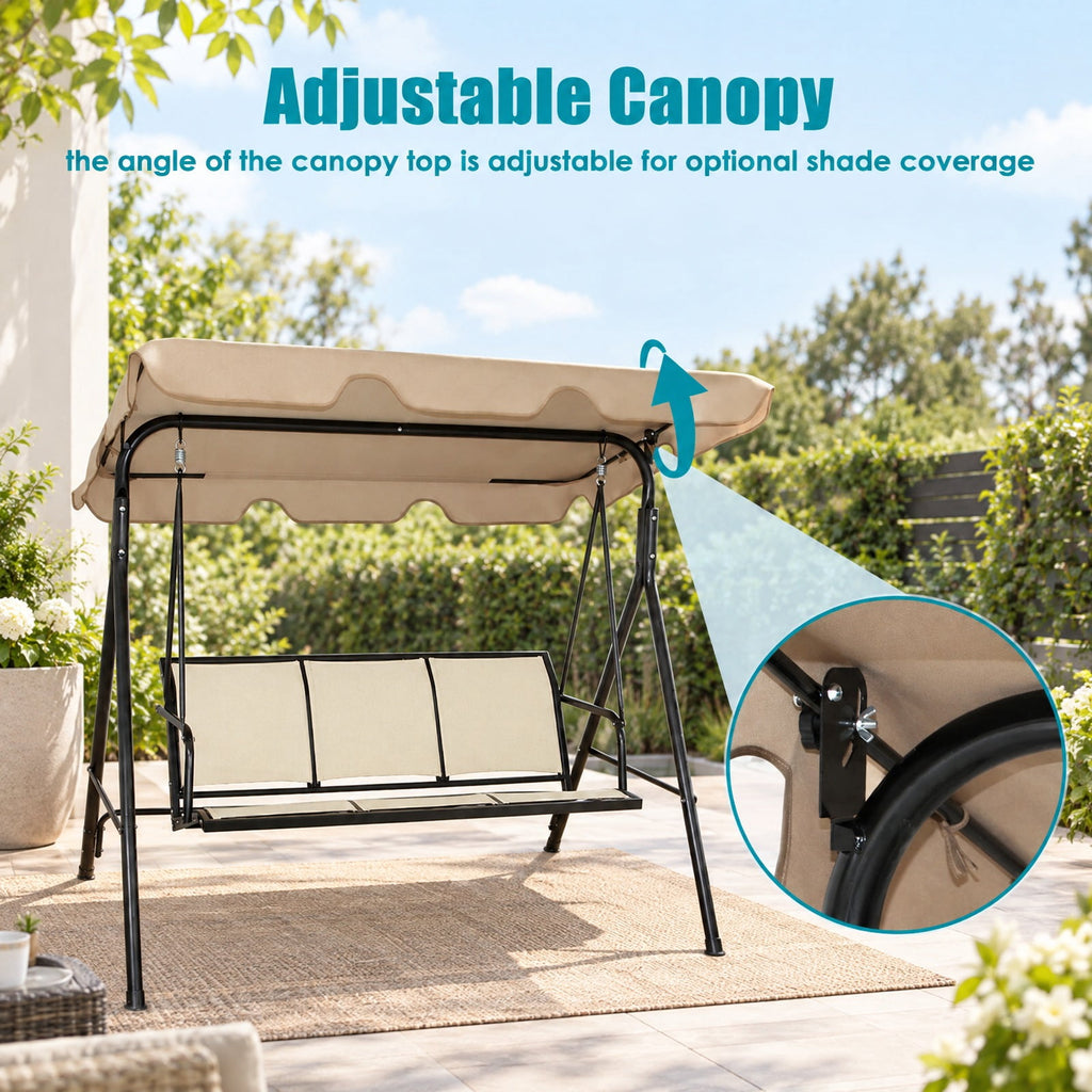 Airfind 3 Person Steel Frame Patio Swing with Polyester Angle and Adjustable Canopy, 550 lbs Capacity, Steel textile fiber polyester Frame, Brown