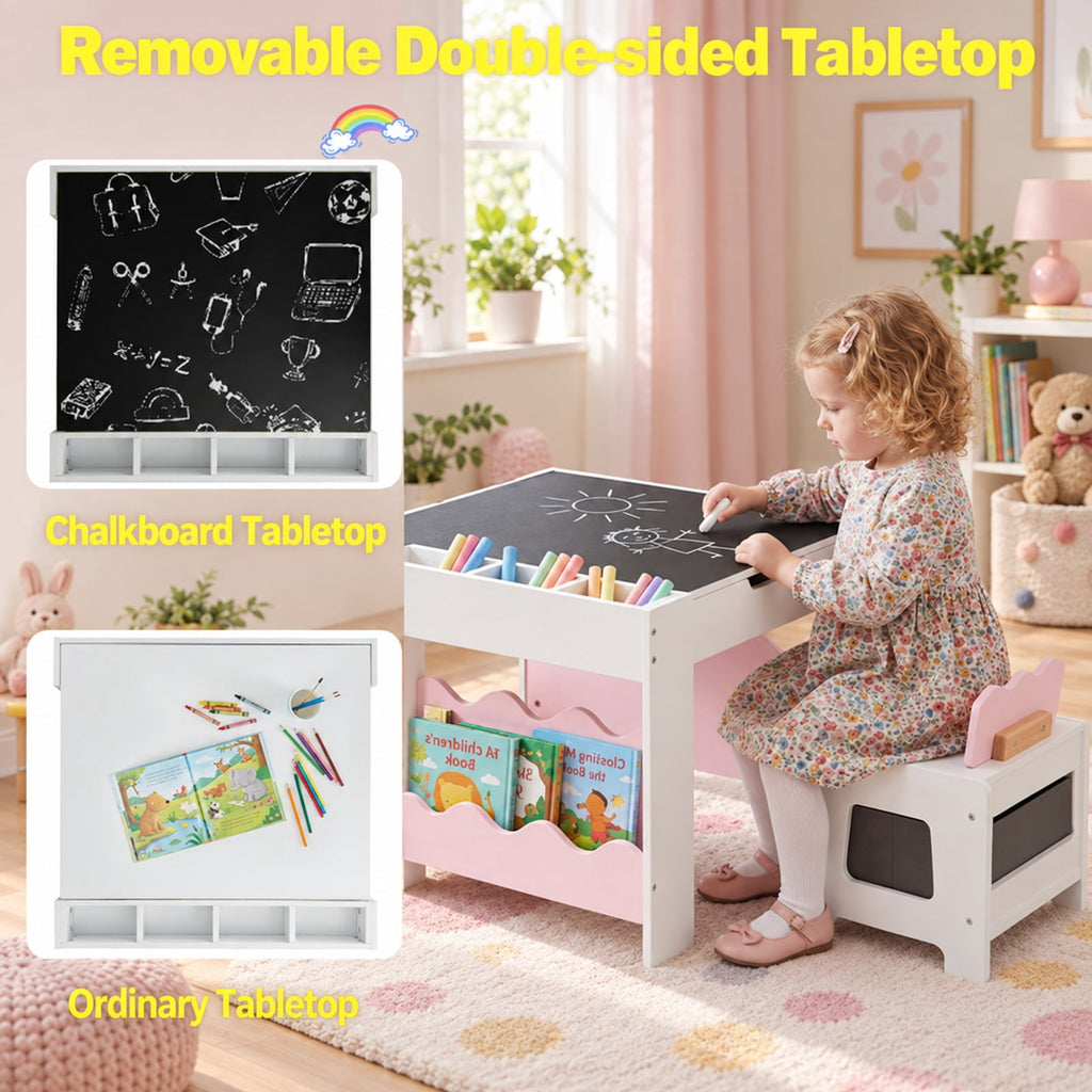 Airfind Youth Table and Chairs Set, Multi-purpose Activity, with Double-sided Tabletop, 55 lbs Capacity, MDF Frame, 26 Inch x 25 Inch x 19 Inch Footprint, Pink