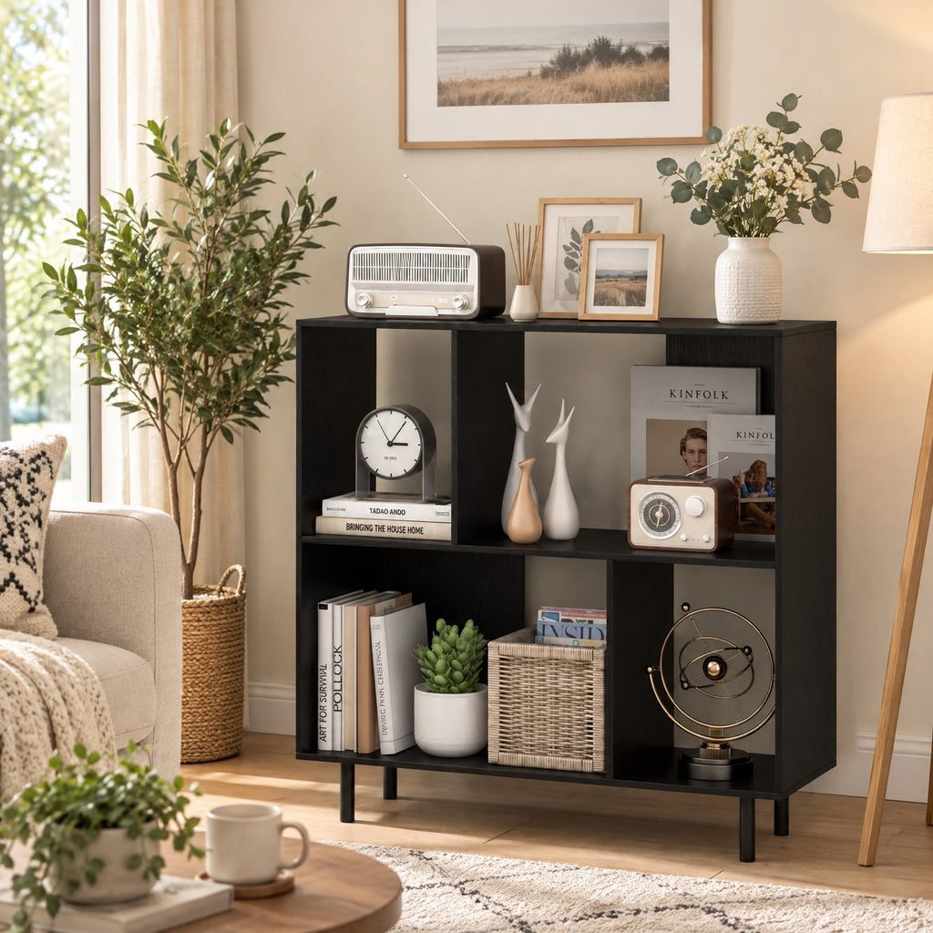 Airfind Open Shelf Bookcase with 4 Compartments, Black, 4-cube bookcase provides ample storage space, Assembly is required before use