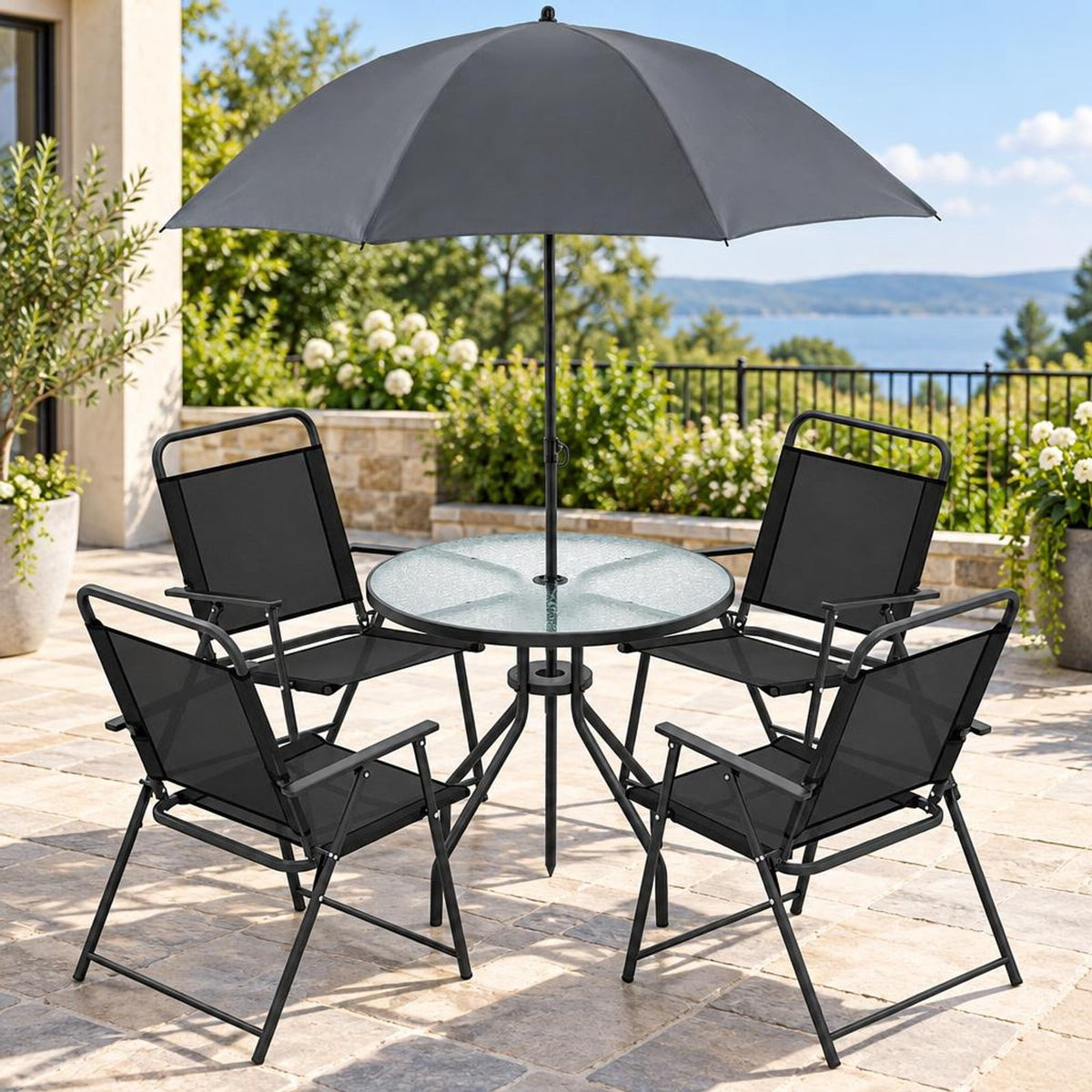 Airfind 6 Pieces Patio Dining Set Folding Chairs Glass Table Tilt Umbrella for Garden, 110 lbs Capacity, Steel fabric tempered glass Frame, Grey