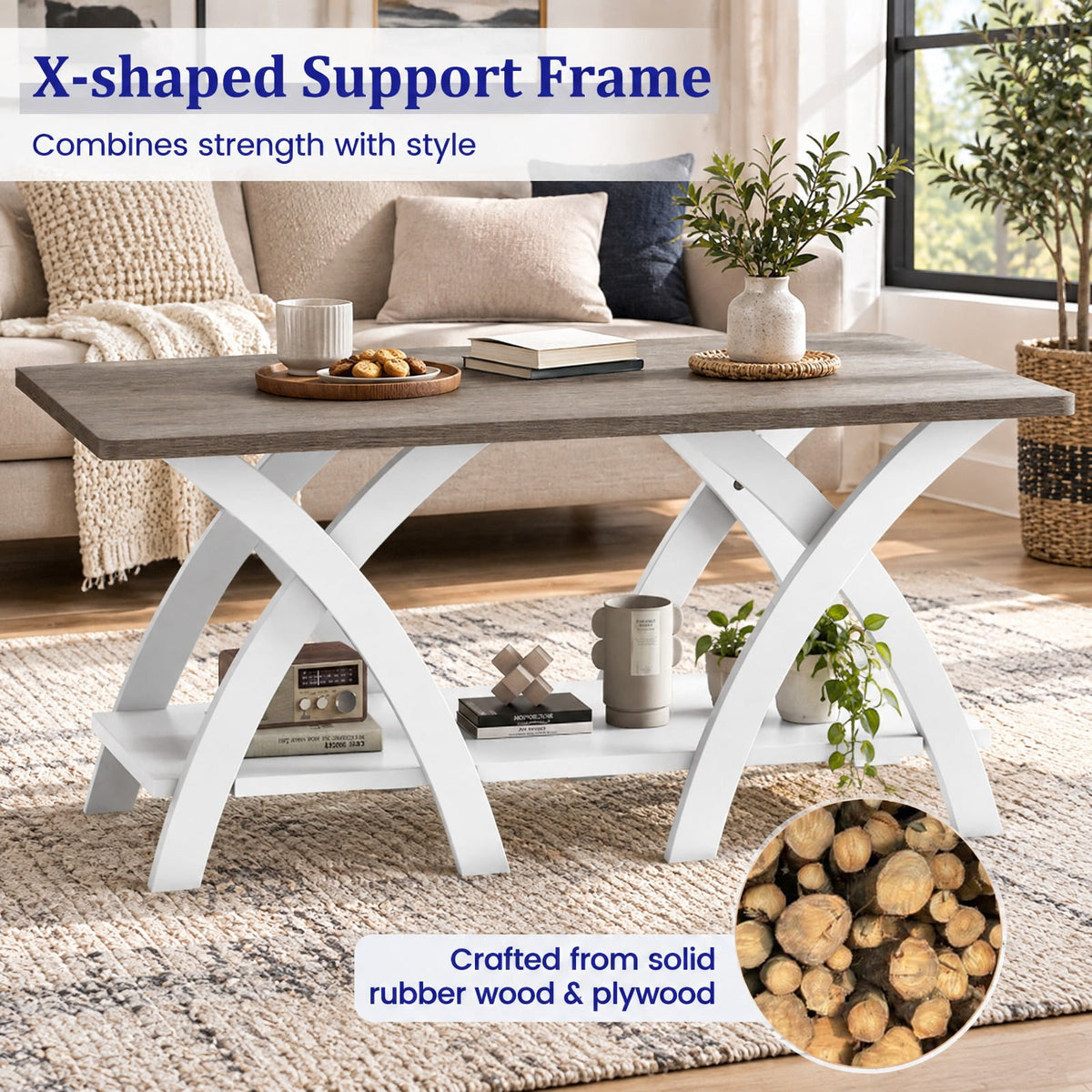 Airfind 40 Inch Farmhouse Wooden Coffee Table with Storage Shelf with X-shaped Legs, 155 lbs Capacity, Rubber Wood Plywood MDF Frame, Gray