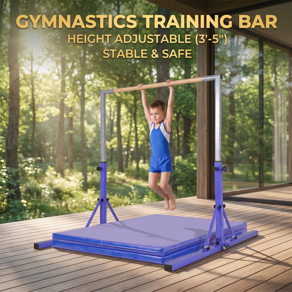 Airfind Foldable Gymnastics Bar for Kids with 3 Level Adjustable Height and Bamboo Grip Bar for Home Balance and Coordination Training, Purple