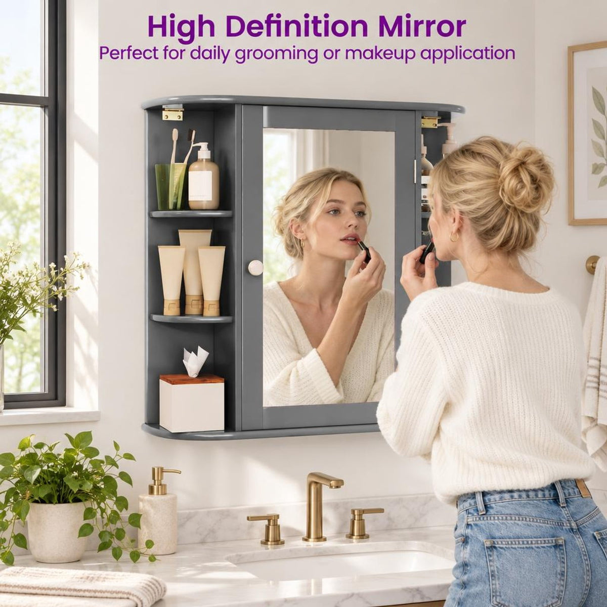 Airfind Multipurpose Mount Wall Surface Bathroom Storage Cabinet with Mirror, 44 lbs Capacity, MDF Frame, Gray