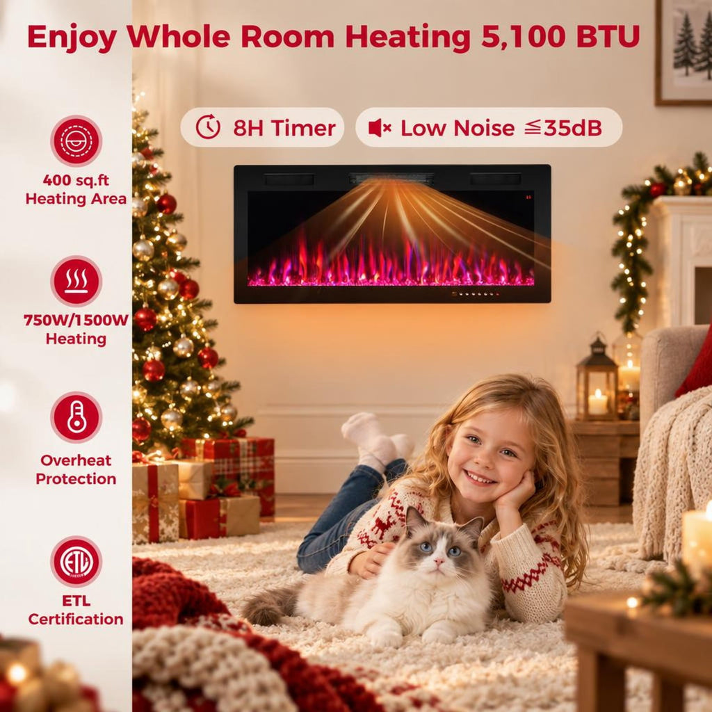 Airfind Electric Fireplace 40/50/60 Inches Recessed and Wall Mounted for 2ft x 6ft Stud-40 Inches, CRS Tempered Glass Frame, Black
