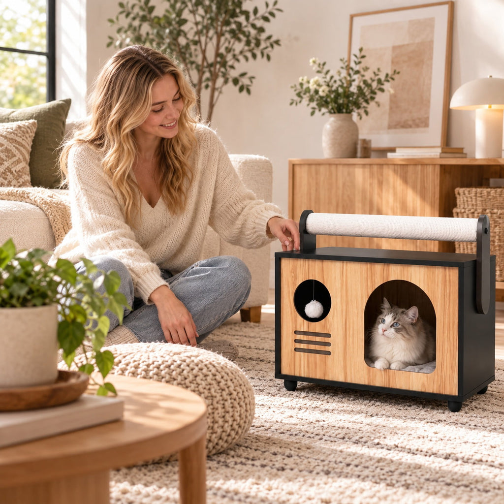 Airfind Wooden Cat House with Scratching Post, 33 lbs Capacity, Engineered Wood Frame, 19 Inch x 12 Inch x 17.5 Inch Height of Cat House 12 Inch Footprint, Black