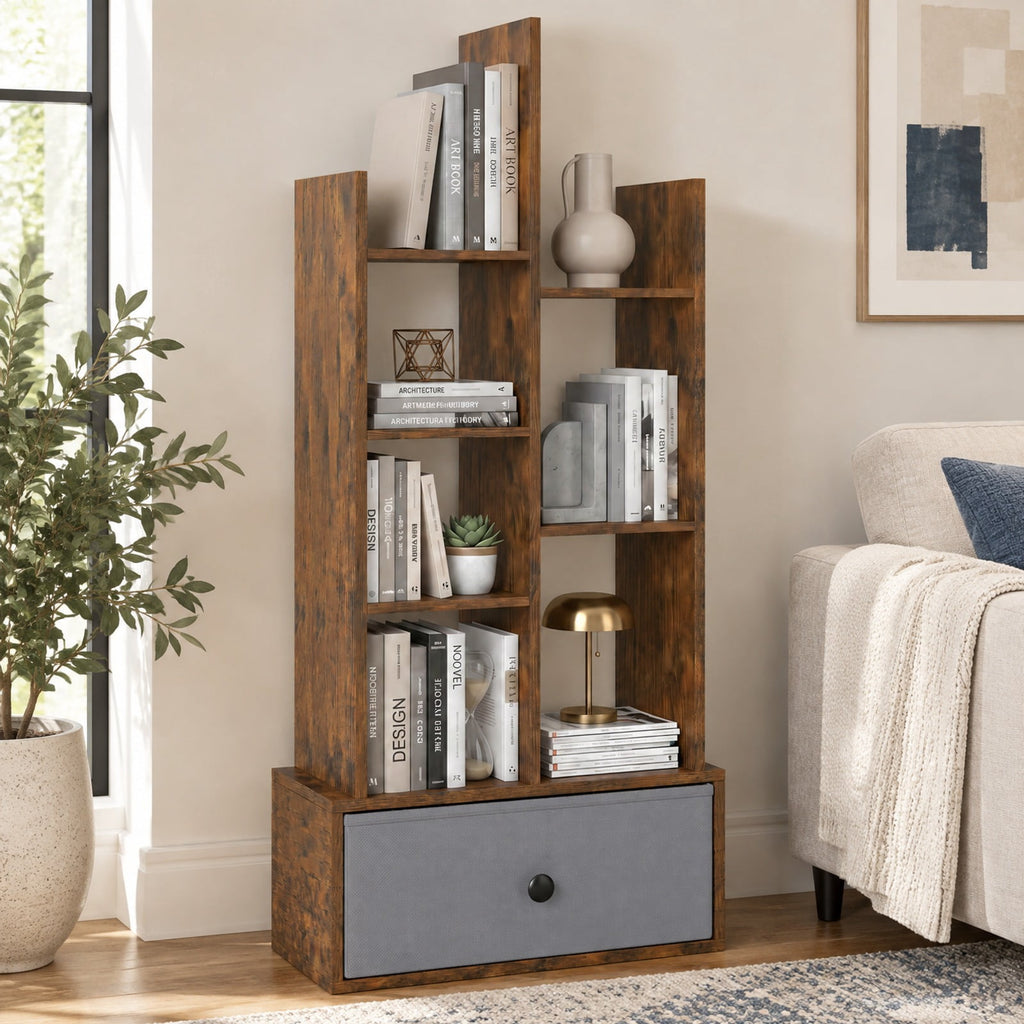 Airfind 7-Tier Open-Back Bookshelf with Drawer, 33 lbs Capacity, Engineered wood Frame, 21 Inch x 9.5 Inch x 47 Inch Footprint, Brown