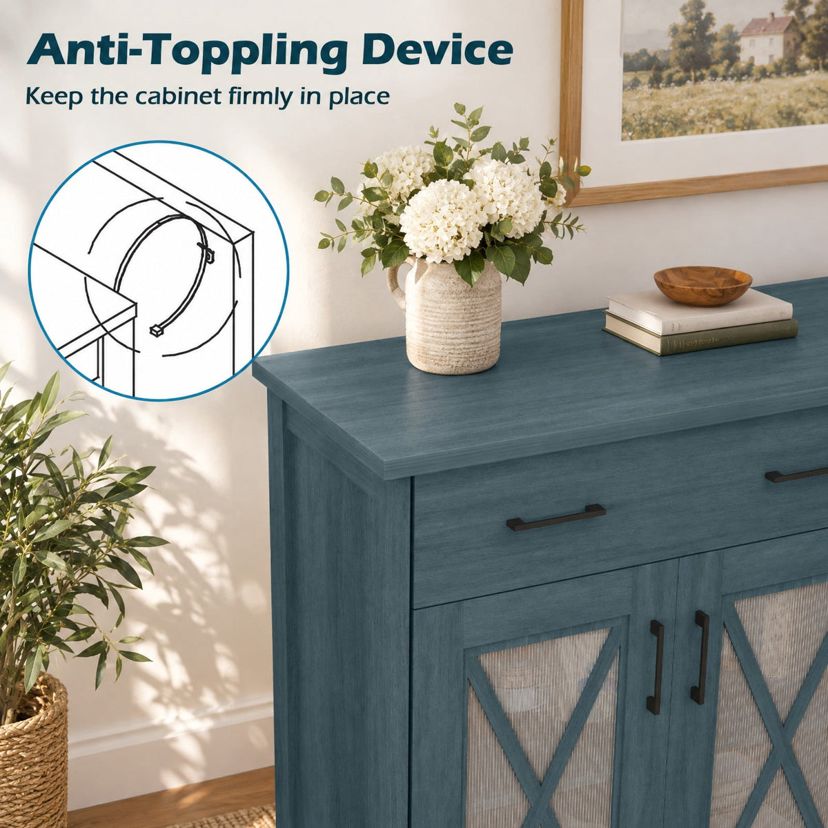 Airfind Farmhouse Buffet Sideboard 3-Door Kitchen Storage Cabinet featuring 2 Drawers, Top 132 lbs Total Capacity, Engineered Wood PC Frame, Turquoise