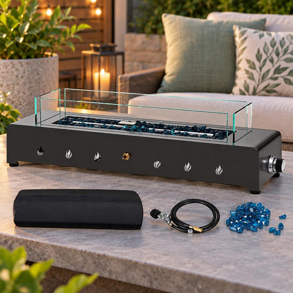 Airfind Portable Mini Fireplace with Wind Guard and Stainless Steel Burner, Metal Tempered Glass PU Glass Frame, Black