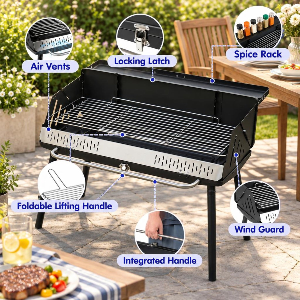 Airfind Portable Grill with Detachable Legs Adjustable Grate and Carrying Bag, 32 Inch x 18.5 Inch x 33.5 Inch Footprint for Everyday Use, Charcoal