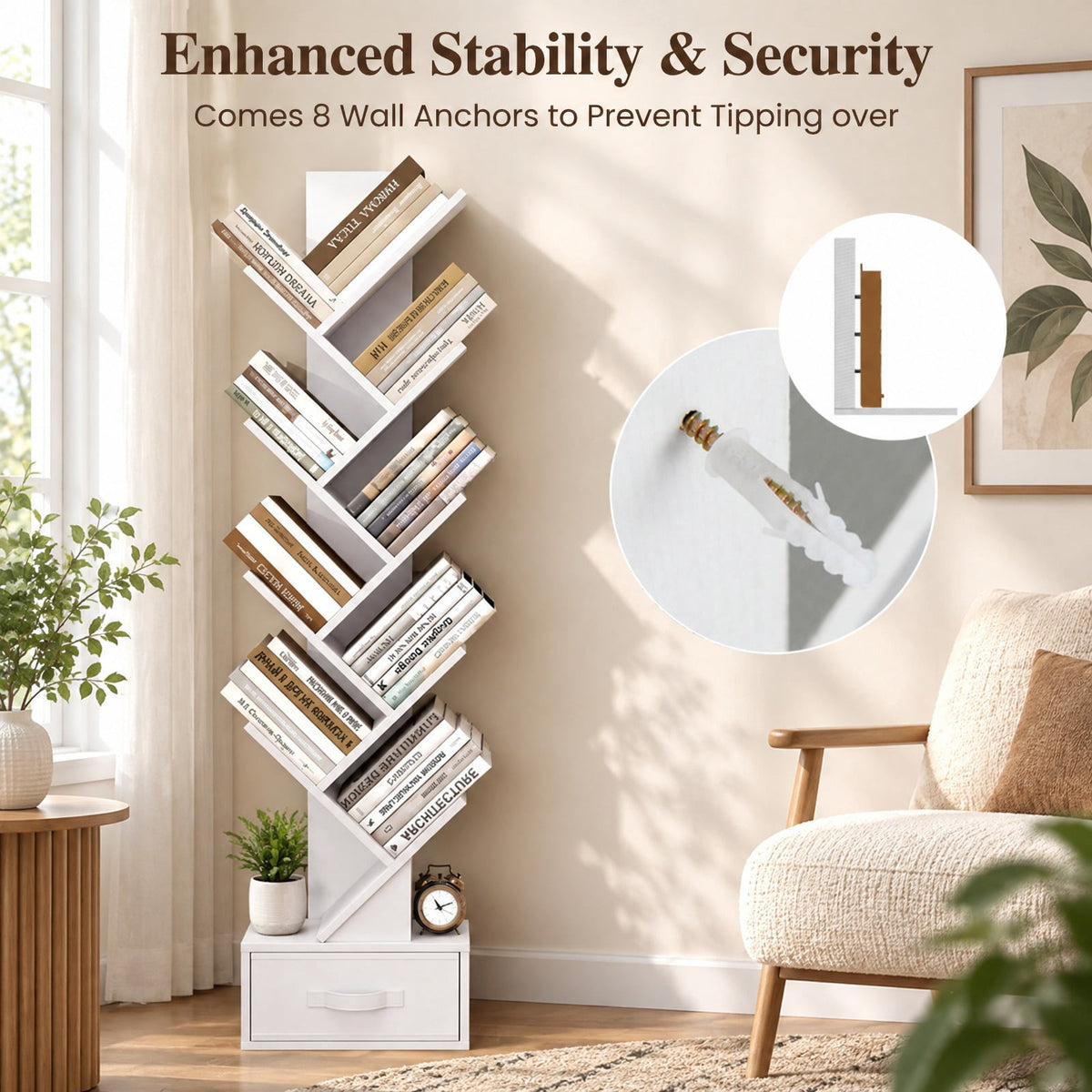 Airfind 10-Tier Bookshelf with Drawer Free-standing Storage Bookcase, 26.5 lbs Capacity, 13 x 7 x 5.5 (L x W x H)Overall Footprint, White