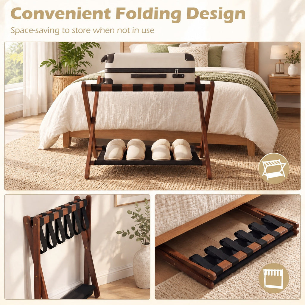 Airfind Solid Rubberwood Folding Luggage Rack with Nylon Shelves, 110 Lbs Capacity, Rubberwood Nylon, 26.5 Inch X 18 Inch X 20.5 Inch, Brown