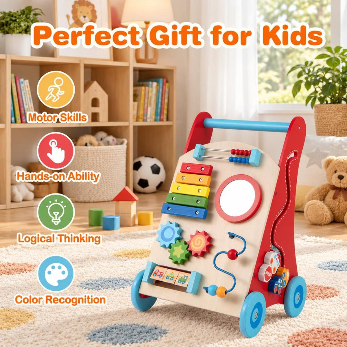 Airfind Child Push Walker with Handle and Wheels for Youth 3 and Years Old, MDF Plywood Solid Wood for Convenient Everyday Use, Unspecified