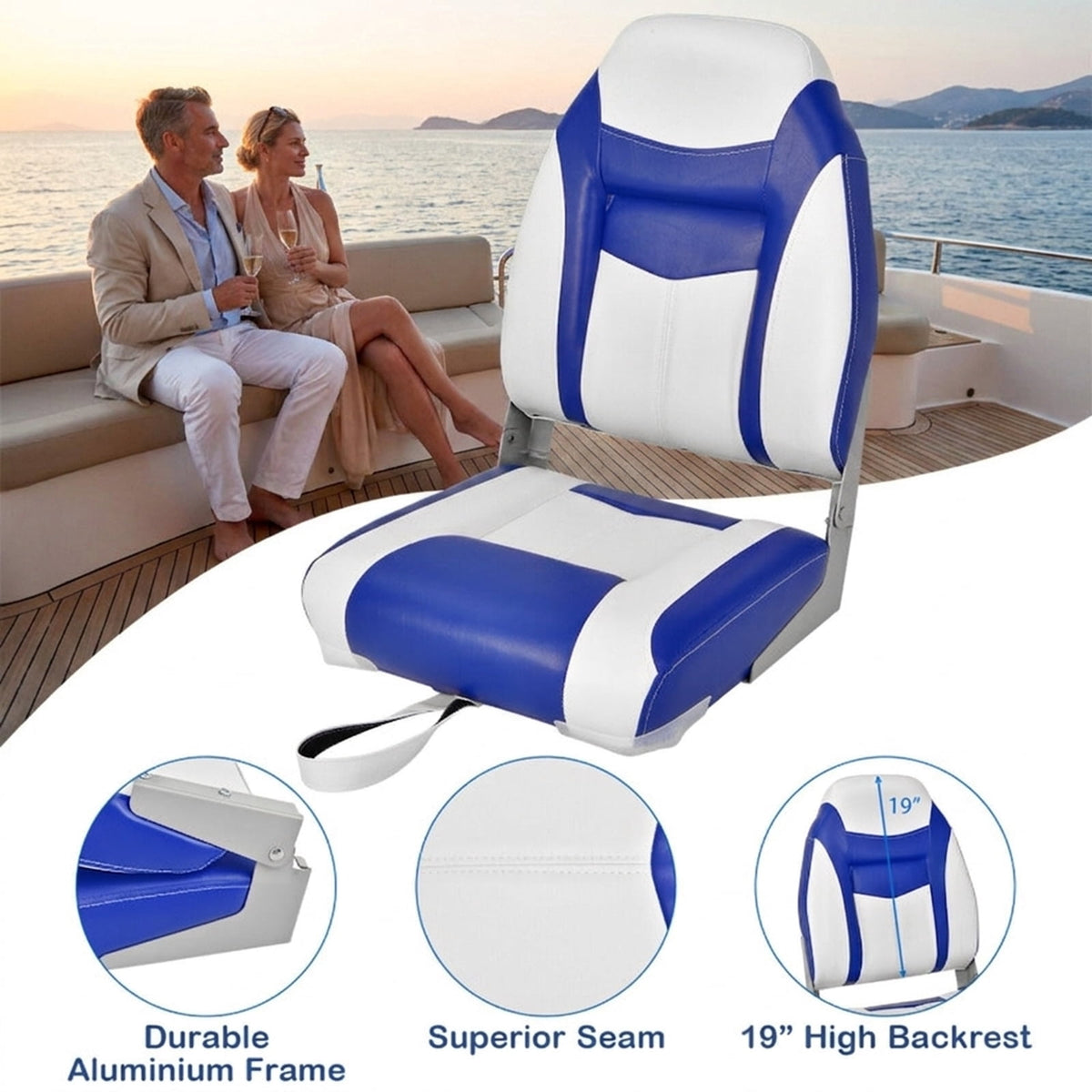 Airfind Folding Boat Seats Set with High Back Ergonomic Support and Waterproof Padded Cushion for Fishing and Pontoon Boats, Blue