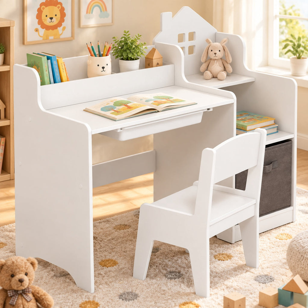 Airfind Kids Study Desk and Chair Set with Open Shelves Drawer and Fabric Storage Bin, 44 lbs Capacity, MDF Non-woven Fabric Desk Frame, White