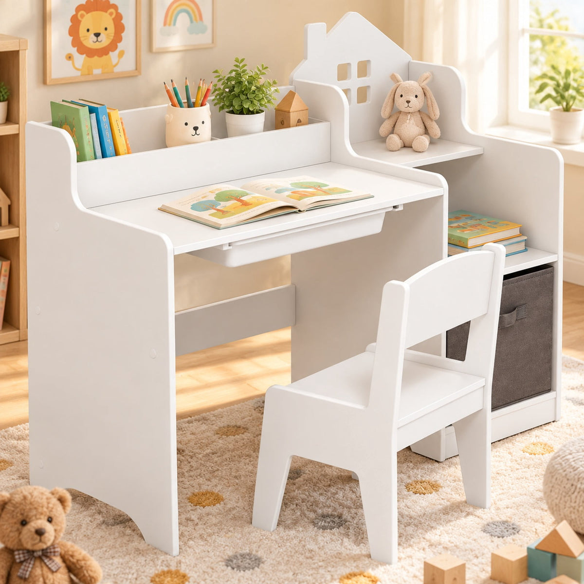 Airfind Kids Study Desk and Chair Set with Open Shelves Drawer and Fabric Storage Bin, 44 lbs Capacity, MDF Non-woven Fabric Desk Frame, White