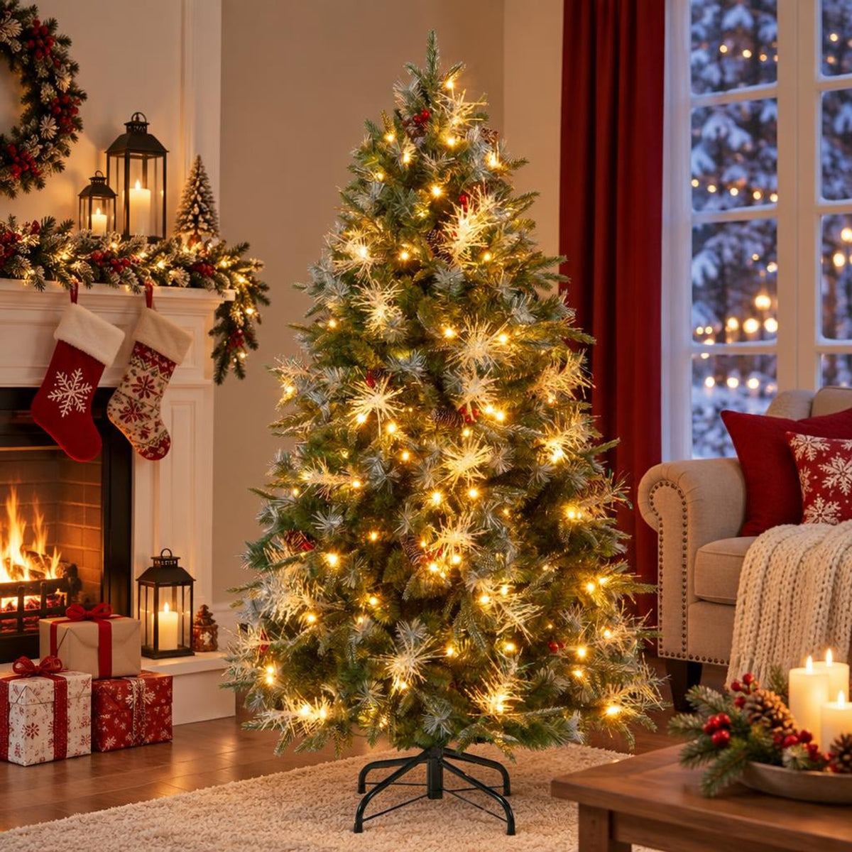 Airfind 5 Feet Pre-Lit Artificial Christmas Tree with 8 Modes LED Lights with Berries, PVC PE PET Metal 5 Feet Frame, 3 x 5 ft Footprint, Green