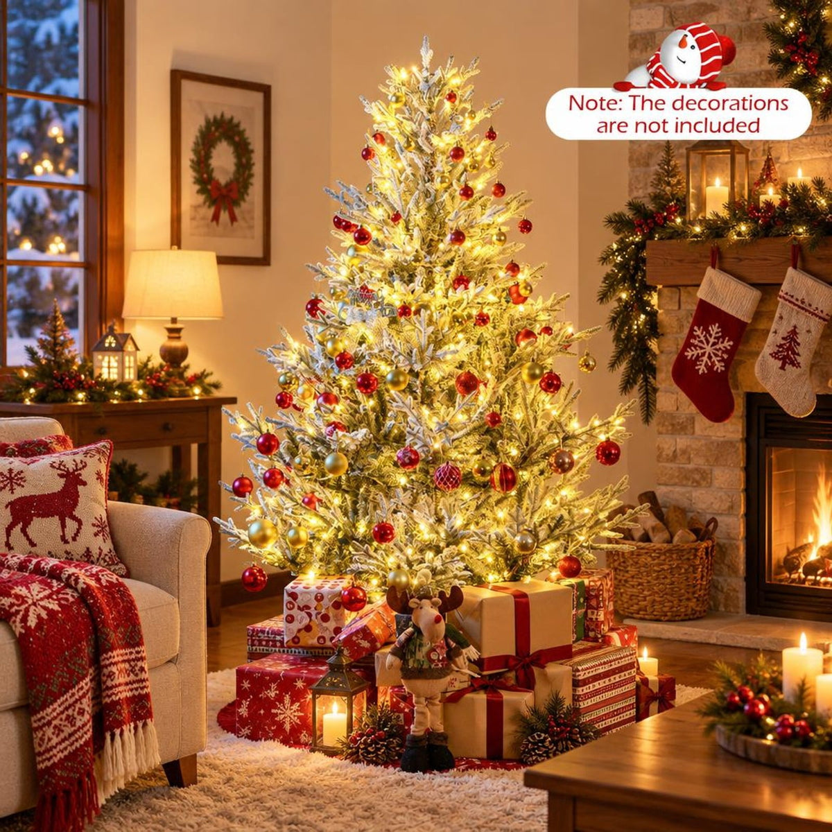 Airfind 6/7/8 Feet Pre-Lit Artificial Christmas Tree Hinged Snow Flocked Xmas Tree-6 ft, PE PVC Metal Frame, 5.2 x 8 ft Footprint, Green