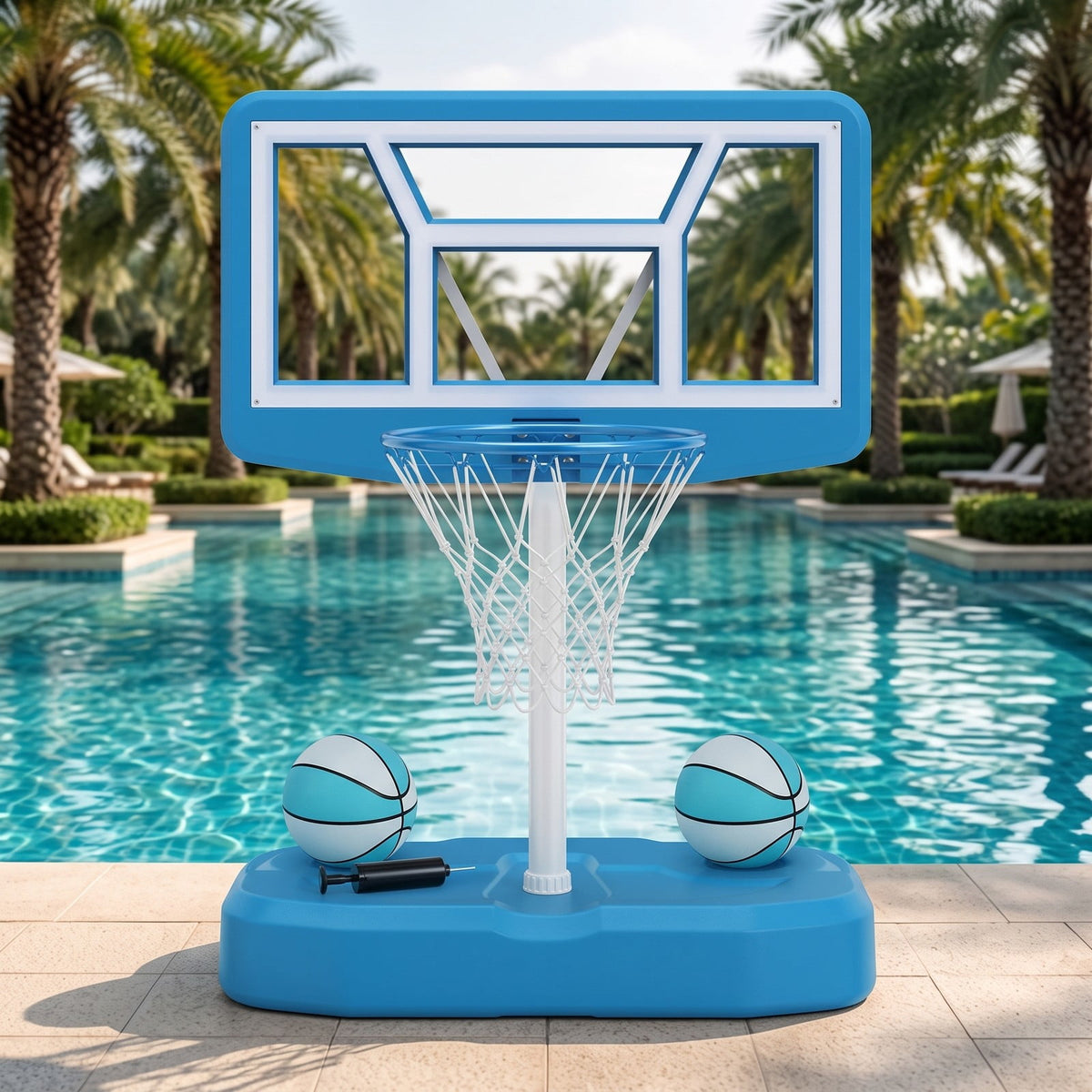 Airfind Pool Basketball Hoop Set with 2 Balls and Inflation Pump, Poolside Water Basketball Game with Weighted Fillable Base and Shatterproof Backboard for, Light Blue